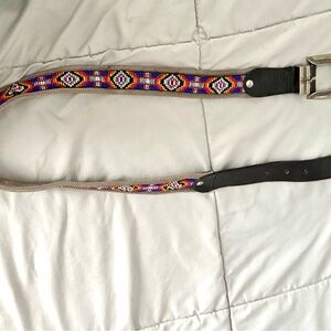 Vintage glass beaded silver metal mesh with black leather ends Silver buckle